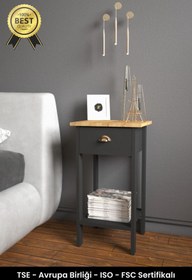 Resim B3 Concept Retro Serisi Özel Tasarım Tek Çekmeceli Yatak Yanı Komodin Siyah & Safir Meşe 