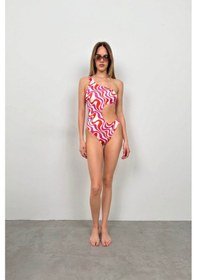 Resim Tek Omuz Desenli Mayokini Pembe 