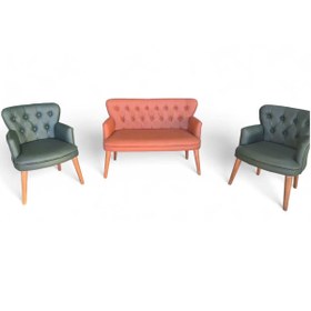 Resim ARYANS HOME Taba ve Yeşil Deri Ahşap Ayaklı Ofis Koltuk Takımı Büro Koltuk Ve Kanepeleri Deri Ofis Mobilyası 