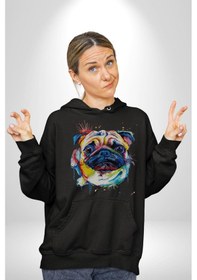 Resim Sulu Boya Pug Köpek Kadın Erkek Siyah Kapüşonlu Sweatshirt Hoodie Siyah 