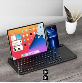 Resim TahTicMer Kablosuz Bluetooth Touchpad Klavye Standlı Şarjlı Taşınabilir Tüm Cihazlara Uyumlu Türkçe Q Klavye 