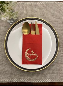 Resim Gold Yaldızlı Kırmızı Ay Desenli İyi Bayramlar Cepli Peçete 12 Lı 