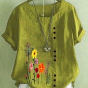 Resim Kadın Kısa Kollu -Linen Papatya Baskılı Bluz - Canlı Çiçek Tasarımı, Yuvarlak Yaka, Düğme Önü, Hafif Yaz Üstü, Rahat veya Şık Kıyafetler İçin, Çiçek Baskılı Bluz 