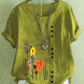 Resim Kadın Kısa Kollu -Linen Papatya Baskılı Bluz - Canlı Çiçek Tasarımı, Yuvarlak Yaka, Düğme Önü, Hafif Yaz Üstü, Rahat veya Şık Kıyafetler İçin, Çiçek Baskılı Bluz 