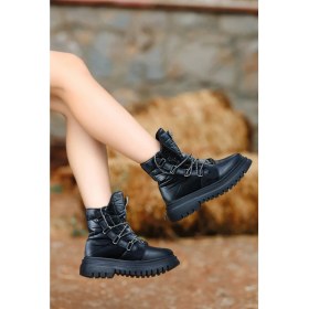 Resim Al Bi Hadi Siyah Cilt Bağcıklı Elyaflı Poli Taban Kadın Kar Botu 