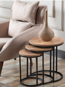 Resim 3' Lü Açık Ceviz Ahşap Siyah Metal Sehpa 