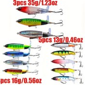 Resim 3'lü/35g, 4'lülü/16g, 5'li/13g Topwater Whopper Plopper Balık Yemi Seti, yüksek kaliteli 360 derece dönen spiral kuyruklu tasarımıyla sıçrama ve titreşimi artırır; levrek, alabalık, turna, altınlevreğe uygun 