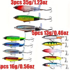 Resim 3'lü/35g, 4'lülü/16g, 5'li/13g Topwater Whopper Plopper Balık Yemi Seti, yüksek kaliteli 360 derece dönen spiral kuyruklu tasarımıyla sıçrama ve titreşimi artırır; levrek, alabalık, turna, altınlevreğe uygun 