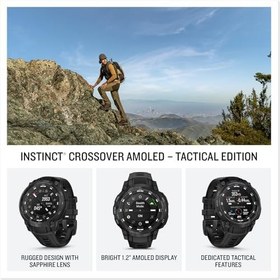 Resim Garmin Instinct Crossover AMOLED - Tactical Edition, Analog Saat Eller ve Parlak AMOLED Ekranlı Sağlam Hibrid GPS Taktik Akıllı Saat, Siyah Silikon Bantlı Siyah 