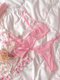 Resim Barbie Basic Transparan Tül Balenli Demi Sütyen Takımı Pembe - Pembe / 75D / Standart 