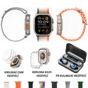 Resim TECHNOMEN Akıllı Saat Y60 Ultra Plus Bluetooth Kulaklık F9 7 Kordon Kasa Koruma Kırılmaz Cam Hediyeli 