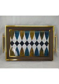 Resim Kahverengi Üzerine Altın Sarısı Kenarlı Geometrik Desenli Ahşap Tepsi Desenli 