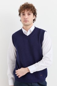 Resim Erkek V Yaka Kalın Klasik Yün Süveter Desen - Açık Lacivert / 2XL 