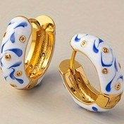 Resim 1 çift Çin tarzı mavi-beyaz porselen emaye cloisonne halka küpeler, 18k altın kaplama 