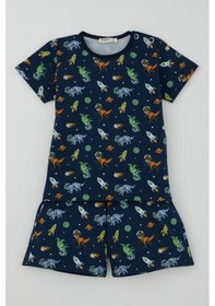 Resim Breeze Erkek Bebek Şortlu Pijama Takımı Uzay Temalı Astronot Dinozor Desenli 9 Ay-3 Yaş, Lacivert 