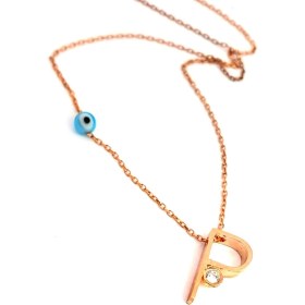 Resim Ose Shop Nazar boncuklu ve zirkon taş detaylı gümüş rose p harfi kolye 