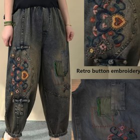 Resim Kadınların Vintage Esintili Bol Kesim Pantolonları Renkli Nakışlı Cep Detaylı - 7/8 Uzunluk, Esnek Olmayan, Rahat Bahar/Sonbahar Stili, Vintage Pantolon 