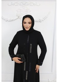 Resim Efelif Siyah Taş Işlemeli Fermuarlı Büyük Beden Kadın Ferace - Ahsen Ferace Siyah 