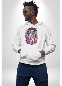 Resim Ay Mars Astronot Kadın Erkek Beyaz Kapüşonlu Sweatshirt Hoodie Beyaz 