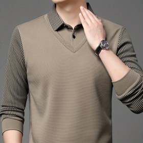 Resim Solid Fake Two-piece Lapel Çok Yönlü Gömlek Üstleri, Rahat Günlük Giyim İçin Nefes Alabilen Uzun Kollu Golf Gömleği, Bahar ve Sonbahar 