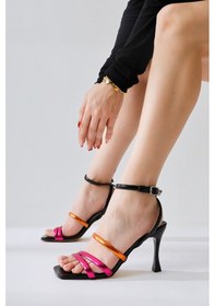 Resim Alita Siyah Fuşya-turuncu İnce Bantlı Topuklu Sandalet 001 