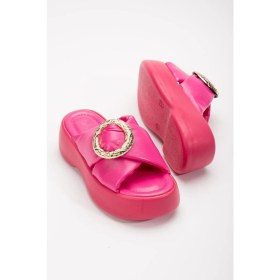 Resim Dilimler Ayakkabı Büyük Tokalı Kalın Taban Cilt Fuşya Kadın Dolgu Topuk Terlik 