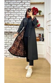 Resim Vibeys Collection Siyah Içi Leopar Desenli Ve Kendinden Astarlı Su Geçirmez Kadın Trençkot 