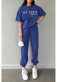 Resim Studio Co Baskılı Saks Mavi T-shirt Eşofman Altı Takım - Oversize Bisiklet Yaka Lacivert 