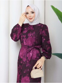 Resim Gülsüm Aydın Desenli Kuşaklı Tesettür Elbise Lotus Desen 