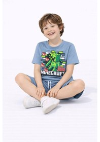 Resim Miniko Kids Erkek Çocuk Mınecraft Desenli Pamuk Şortlu Takım Mavi 