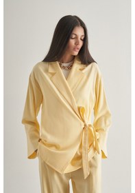 Resim Mizalle Keten Karışımlı Anvelop Bağlı Sarı Kimono Ceket Sari 