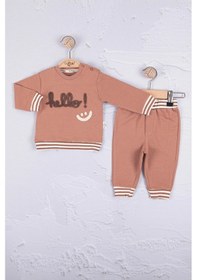 Resim Babydonat Hello Nakışlı % 100 Pamuk 2'li Erkek Bebek Takımım Kahverengi 