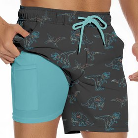 Resim Erkekler için 2'si 1 Arada Dijital Baskılı Plaj Yüzme Şortları Dinozor İskelet Tasarımı ile - Hızlı Kuruyan, İpli Bel, Cepler, Polyester Karışımı, Siyah & Turkuaz Günlük Yazlık Board Şortlar 