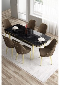 Resim Canisa Tia Serisi 80x132 Açılabilir Siyah Mermer Desen Gold Detay Masa Takımı Ve 6 Kahverengi Sandalye Masa Siyah Mermer Desen Sandalye Kahve 