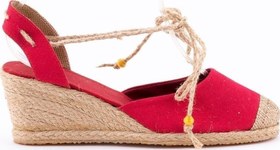 Resim Star Tombis Gerçek Elişi Bilekten Bağcıklı Topuğu Açık Dolgu Topuk Kırmızı Keten Hasır Espadril Handmade 