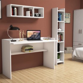 Resim Bimossa Mihrimah Beyaz Çalışma Masası Kitaplık Raflı 118 cm U6040 
