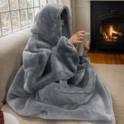 Resim 1 adet Rahat Ters Yönlü Polar Kapüşonlu Battaniye Kanguru Cebi ile, Yumuşak Kadife Giyilebilir Atkı, Örme Polyester, Çağdaş Stil, Makinede Yıkanabilir, Yumuşak Kadife ile, Kanepe, Yatak ve Tatil Hediyeleri için 