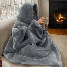 Resim 1 adet Rahat Ters Yönlü Polar Kapüşonlu Battaniye Kanguru Cebi ile, Yumuşak Kadife Giyilebilir Atkı, Örme Polyester, Çağdaş Stil, Makinede Yıkanabilir, Yumuşak Kadife ile, Kanepe, Yatak ve Tatil Hediyeleri için 