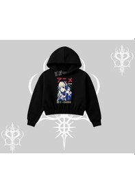 Resim Kapşonlu Crop Sweatshirt Anime Kız Desenli Japon Tarzı Siyah 