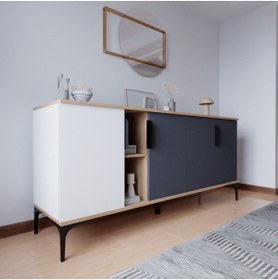 Resim ALONEX HOME Mobilya Tarz Konsol 4 Kapaklı, Raflı , 180 Cm , Yemek Odası , Ofis, Salon Ünite (BEYAZ-ANTRASİT) 
