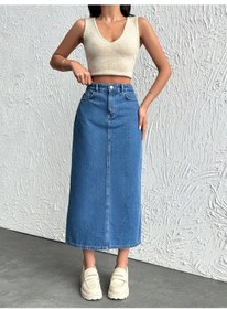 Resim Dema Kadın Yüksek Bel Pamuklu - Likrasız Bilek Boy Denim Etek Mavi 