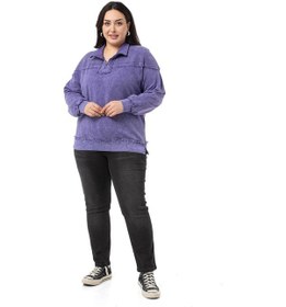Resim Büyük Beden Pis Dikişli Fermuarlı Yırtmaçlı Parça Boyalı Mor Sweatshirt-mor Mor 