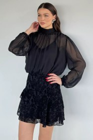 Resim Yakası Bağlamalı Bluz Kombinli Elbise Siyah TZL-P-00020329 