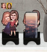 Resim Bk Gift Kişiye Özel Kız Kardeşler Karikatürlü Ahşap Biblo Telefon Standı-6 