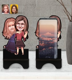 Resim Bk Gift Kişiye Özel Kız Kardeşler Karikatürlü Ahşap Biblo Telefon Standı-6 