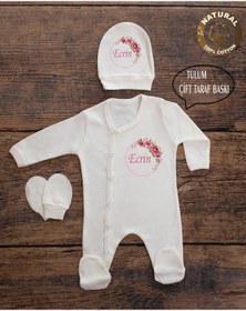 Resim yzc home size dair... K22 T Ekru Renk Isme Özel Isimli Baskılı Bebek Tulum Şapka Eldiven Set Hastane Çıkışı 