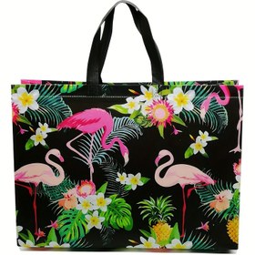 Resim Flamingo Baskılı Tote Çanta, Non-Woven Ambalaj Hediye Çantası, İşe ve Alışverişe Uygun Büyük Kapasiteli El Çantası 
