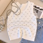 Resim Kadınların Elmaslı Süslemeli Örgü Yeleği - Tüm Mevsimler İçin Düz Renkli Polyester Yaka Kolsuz Üst 
