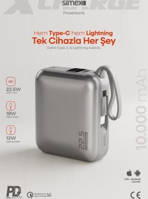 Resim Simex 10.000 mAh 22.5W Hızlı Şarj PD Powerbank Kendinden Kablolu ve Dijital Göstergeli Taşınabilir Cihazı 