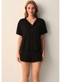 Resim Suwen Mira Modal Gömlek Yaka Şort Pijama Takımı Sh26635667b012 Siyah 